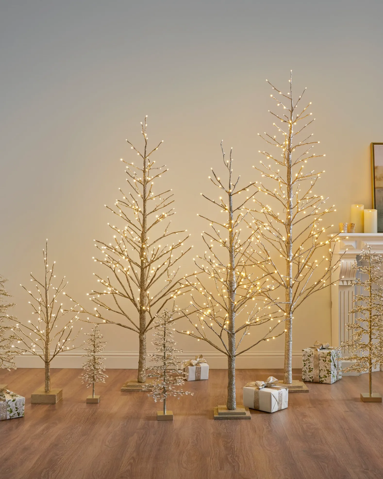 Lit Champagne Glitter LED Trees